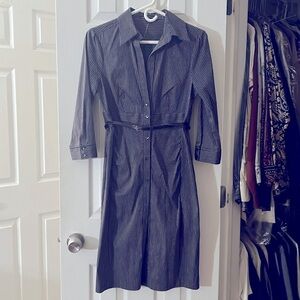 Brand new, never worn business casual dress. Black, grey and purple pinstripes